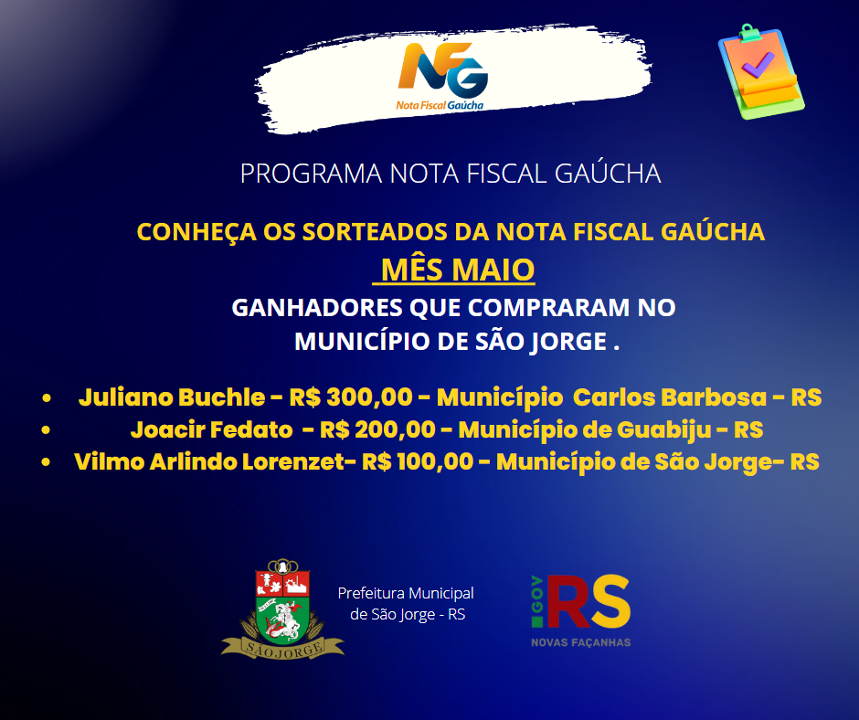 Ganhadores da Nota Fiscal Gaúcha de Maio.
